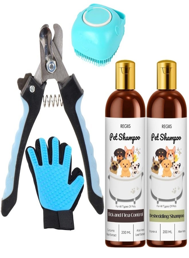 REGIIS Pet Grooming Kit with Shampoo Set, Professional Dog Nail Clippers, Deshedding Brush, Grooming Glove, Tick and Flea Control, 200ml Bottles(Pack of 5) - Image 1